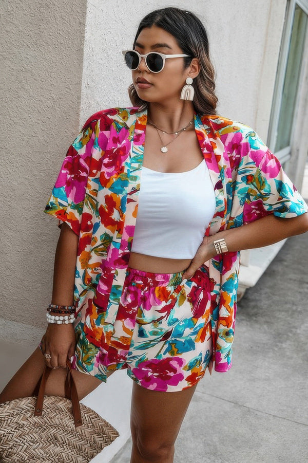 Plus Size Floral Print Open Front Shorts Sets - | SmartBuyApparel