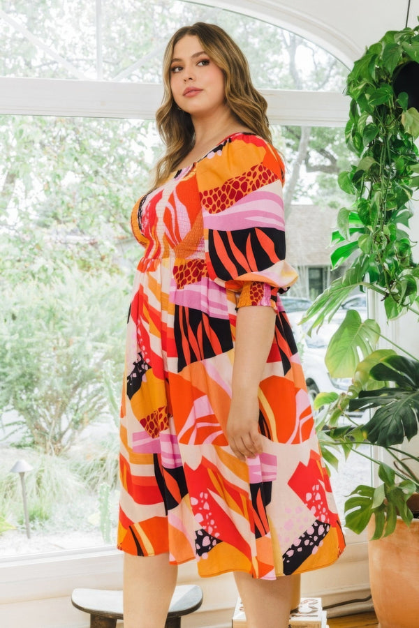 Plus Size Floral Print Square Neckline Midi Dress - Dress - SmartBuyApparel