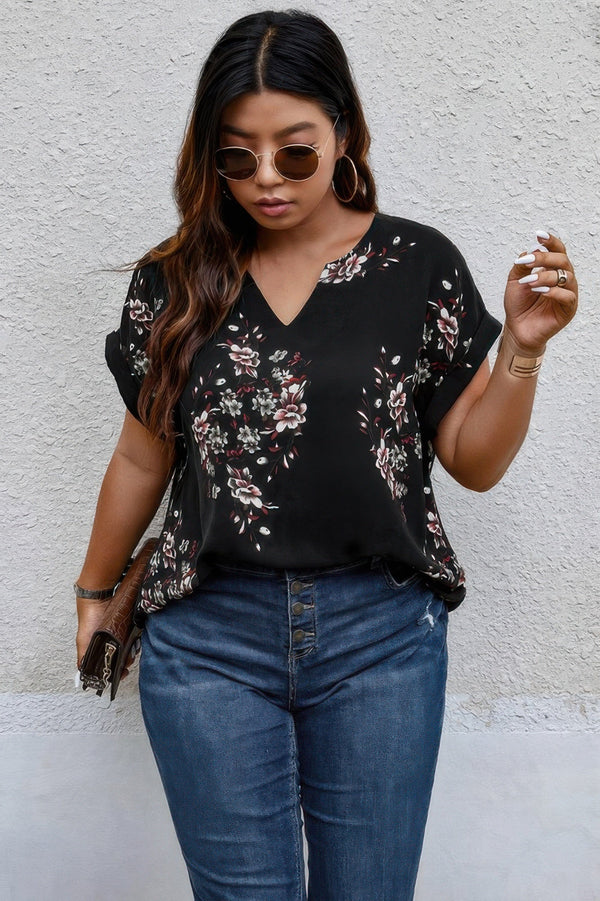 Plus Size Floral Print V Neck Loose Blouse - | SmartBuyApparel