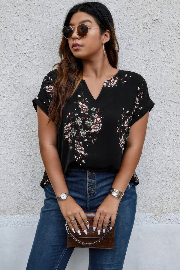 Plus Size Floral Print V Neck Loose Blouse - | SmartBuyApparel
