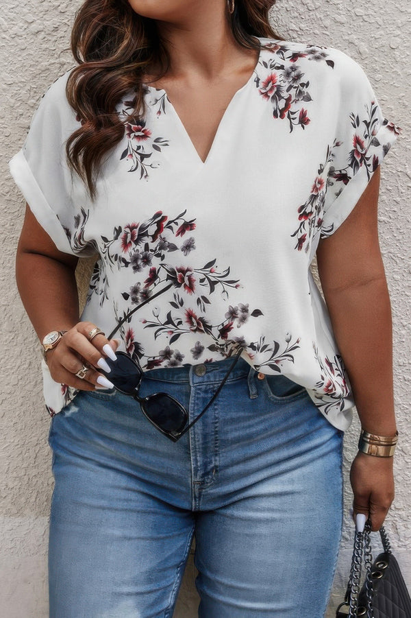 Plus Size Floral Print V Neck Loose Blouse - | SmartBuyApparel