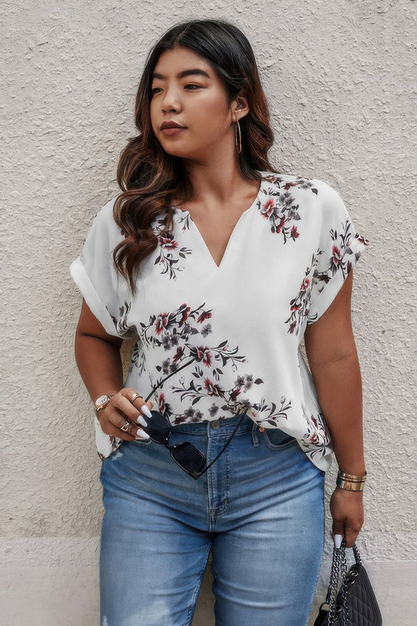 Plus Size Floral Print V Neck Loose Blouse - | SmartBuyApparel