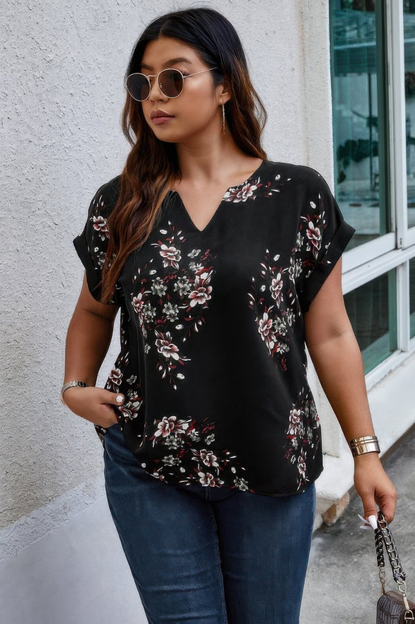 Plus Size Floral Print V Neck Loose Blouse - | SmartBuyApparel