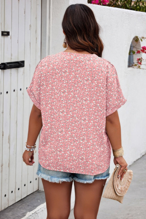 Plus Size Floral Print V Neck Short Sleeve Blouse - | SmartBuyApparel