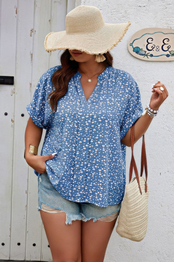Plus Size Floral Print V Neck Short Sleeve Blouse - | SmartBuyApparel