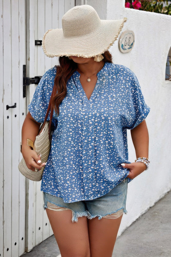 Plus Size Floral Print V Neck Short Sleeve Blouse - | SmartBuyApparel