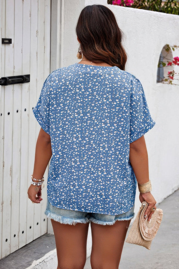 Plus Size Floral Print V Neck Short Sleeve Blouse - | SmartBuyApparel