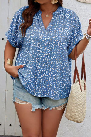 Plus Size Floral Print V Neck Short Sleeve Blouse - | SmartBuyApparel