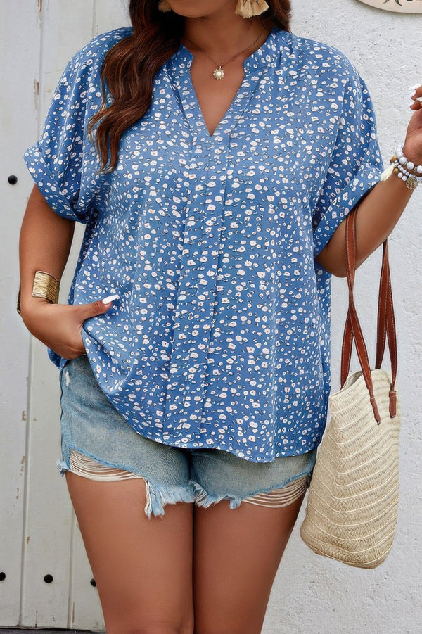 Plus Size Floral Print V Neck Short Sleeve Blouse - | SmartBuyApparel