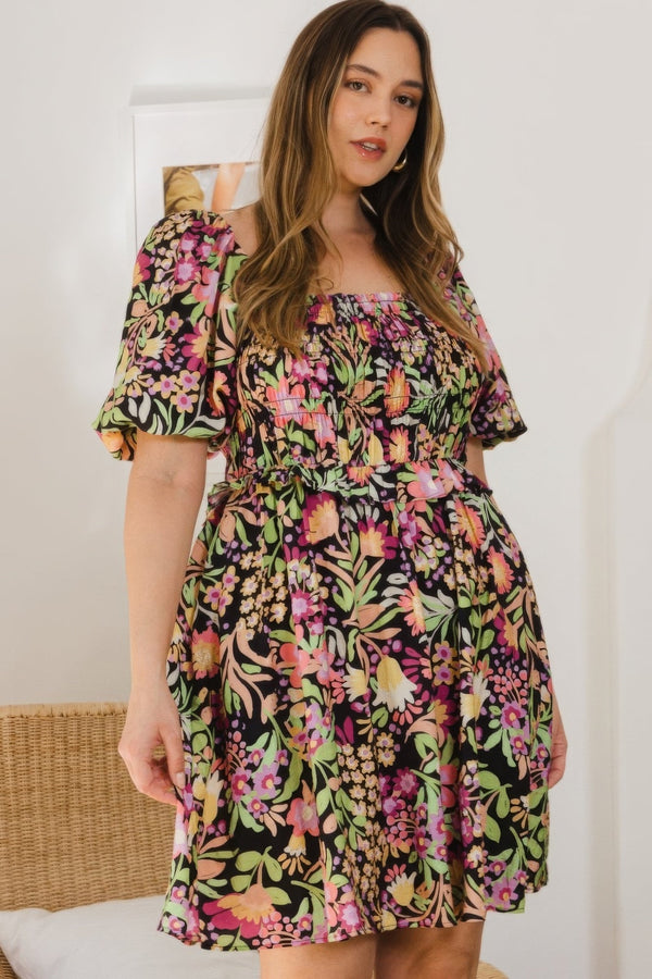 Plus Size Floral Printed Center Tie - back Mini Dress - Dress - SmartBuyApparel