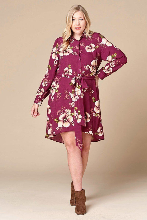 Plus Size Floral Woven Button - down Collared Shirt Dress - Dress - SmartBuyApparel