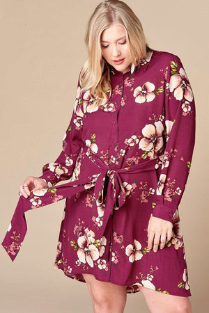 Plus Size Floral Woven Button - down Collared Shirt Dress - Dress - SmartBuyApparel