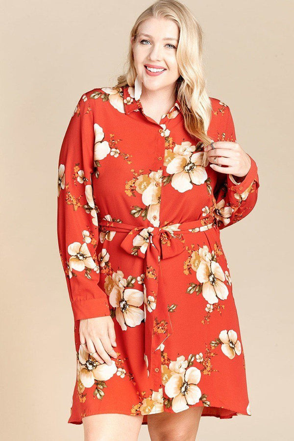 Plus Size Floral Woven Button - down Collared Shirt Dress - Dress - SmartBuyApparel