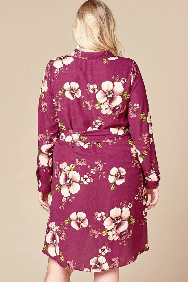 Plus Size Floral Woven Button - down Collared Shirt Dress - Dress - SmartBuyApparel
