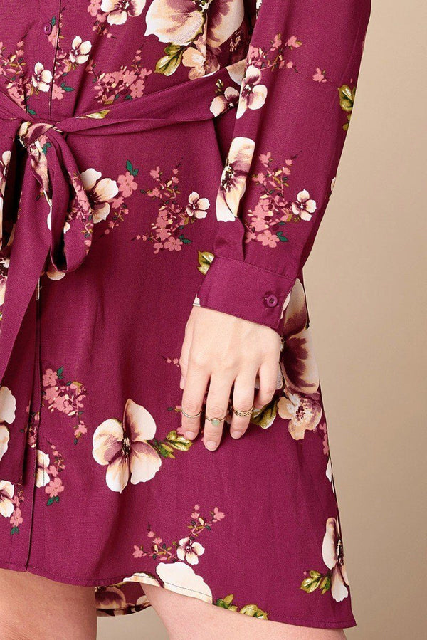 Plus Size Floral Woven Button - down Collared Shirt Dress - Dress - SmartBuyApparel