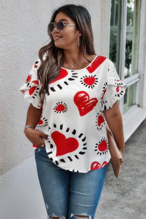 Plus Size Heart Print Ruffle Hem Sleeve Shirt - | SmartBuyApparel