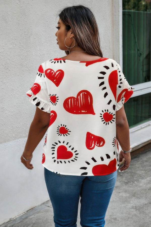 Plus Size Heart Print Ruffle Hem Sleeve Shirt - | SmartBuyApparel