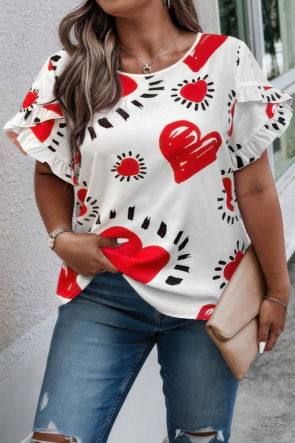 Plus Size Heart Print Ruffle Hem Sleeve Shirt - | SmartBuyApparel