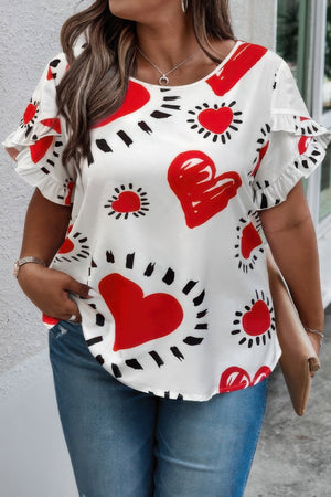 Plus Size Heart Print Ruffle Hem Sleeve Shirt - | SmartBuyApparel