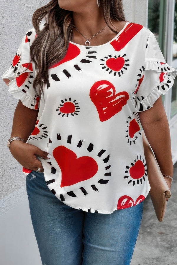 Plus Size Heart Print Ruffle Hem Sleeve Shirt - | SmartBuyApparel