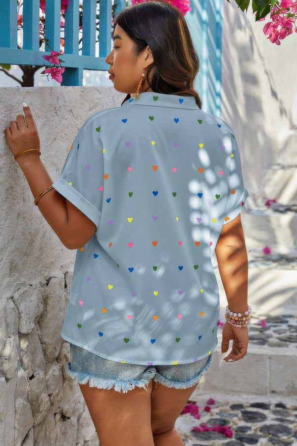 Plus Size Hearts Print Button Down Loose Blouse - | SmartBuyApparel
