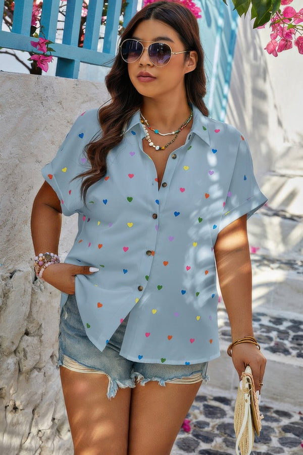 Plus Size Hearts Print Button Down Loose Blouse - | SmartBuyApparel