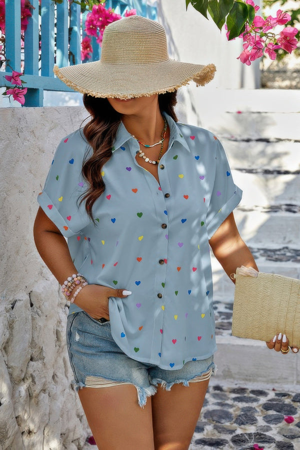 Plus Size Hearts Print Button Down Loose Blouse - | SmartBuyApparel