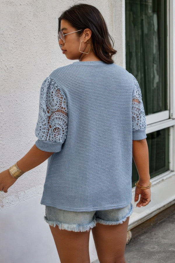 Plus Size Knit Color Block Lace Solid Fit Shirt - | SmartBuyApparel