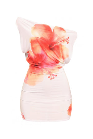 Plus Size Large Flower Printed Draped Mini Dress - | SmartBuyApparel