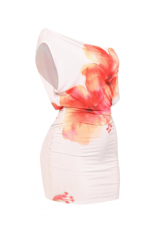 Plus Size Large Flower Printed Draped Mini Dress - | SmartBuyApparel