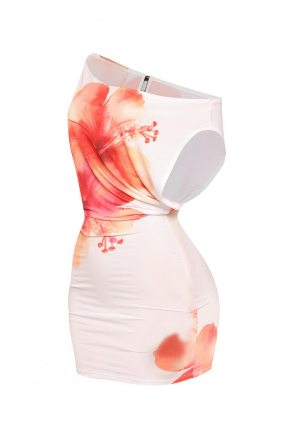 Plus Size Large Flower Printed Draped Mini Dress - | SmartBuyApparel