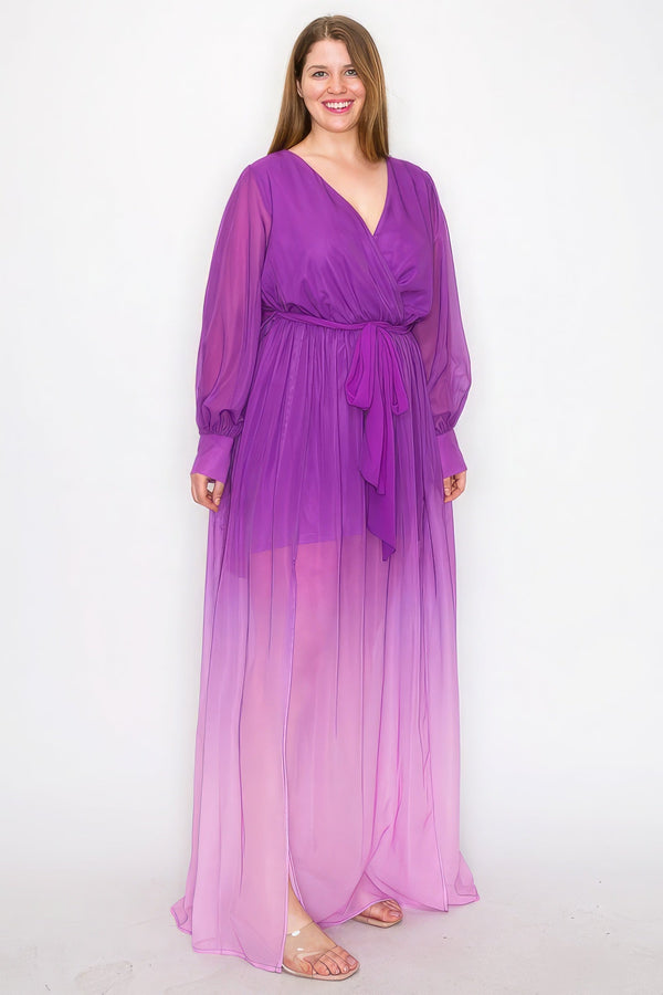 Plus Size Ombre Chiffon Wrap Front Long Sleeve Tie Waist Slit Front Maxi Dress - Dress - SmartBuyApparel