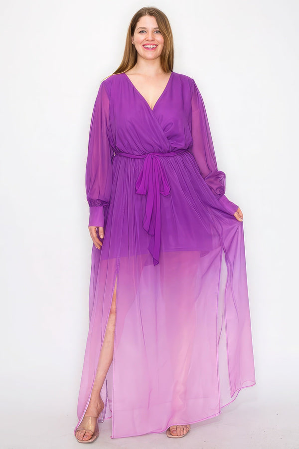 Plus Size Ombre Chiffon Wrap Front Long Sleeve Tie Waist Slit Front Maxi Dress - Dress - SmartBuyApparel
