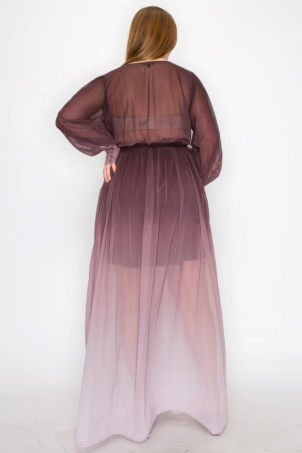 Plus Size Ombre Chiffon Wrap Front Long Sleeve Tie Waist Slit Front Maxi Dress - Dress - SmartBuyApparel