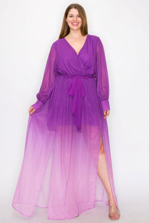 Plus Size Ombre Chiffon Wrap Front Long Sleeve Tie Waist Slit Front Maxi Dress - Dress - SmartBuyApparel