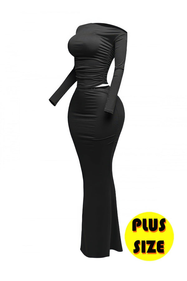 Plus Size One Side Off Shoulder Top & Skirt Set - | SmartBuyApparel