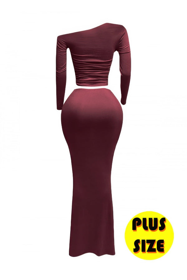Plus Size One Side Off Shoulder Top & Skirt Set - | SmartBuyApparel