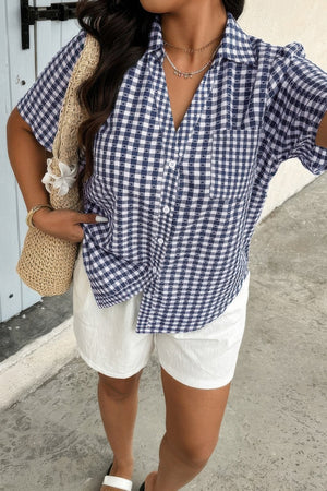 Plus Size Plaid Pocket Short Sleeve Loose Blouse - | SmartBuyApparel