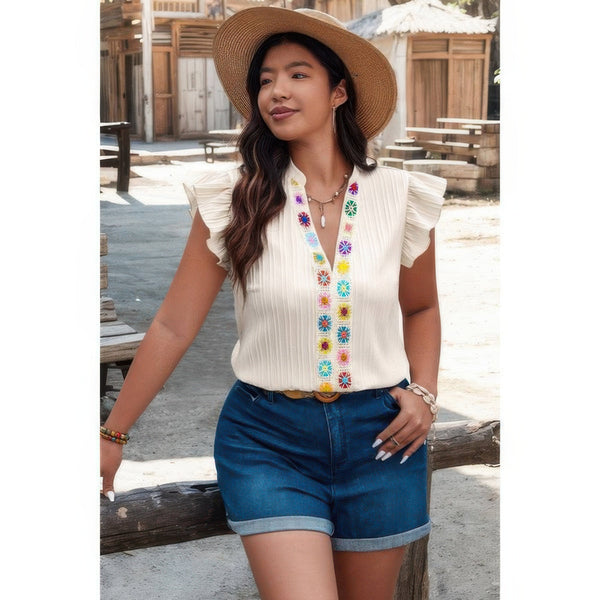 Plus Size Pleated Print V Neck Ruffle Fit Shirt - | SmartBuyApparel