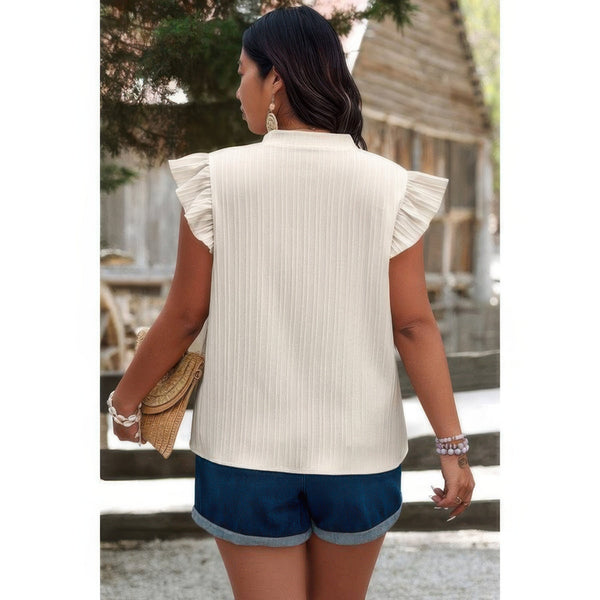 Plus Size Pleated Print V Neck Ruffle Fit Shirt - | SmartBuyApparel