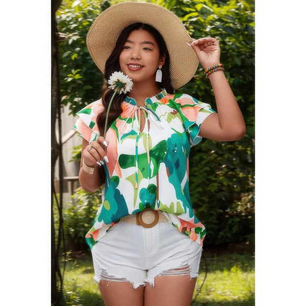 Plus Size Print Knot Neck Ruffle Fit Top - | SmartBuyApparel