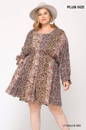 Plus - Size Print Mixed Dolman Sleeve Dress With Side Pockets - Dress - SmartBuyApparel