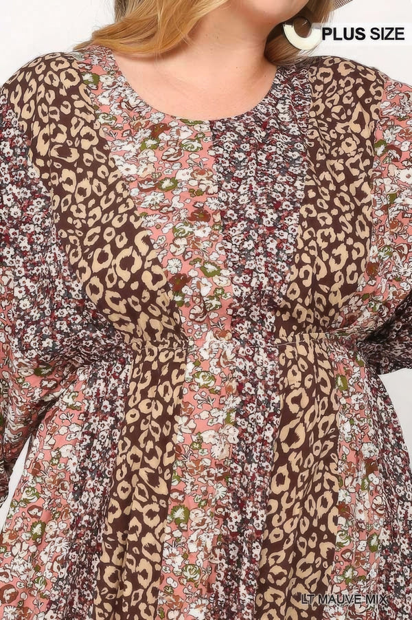 Plus - Size Print Mixed Dolman Sleeve Dress With Side Pockets - Dress - SmartBuyApparel