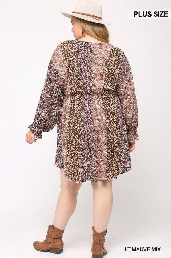 Plus - Size Print Mixed Dolman Sleeve Dress With Side Pockets - Dress - SmartBuyApparel