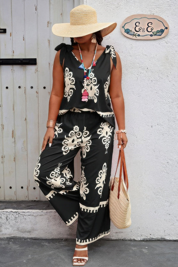 Plus Size Printed Knot Shoulder Wide Leg Sets - | SmartBuyApparel