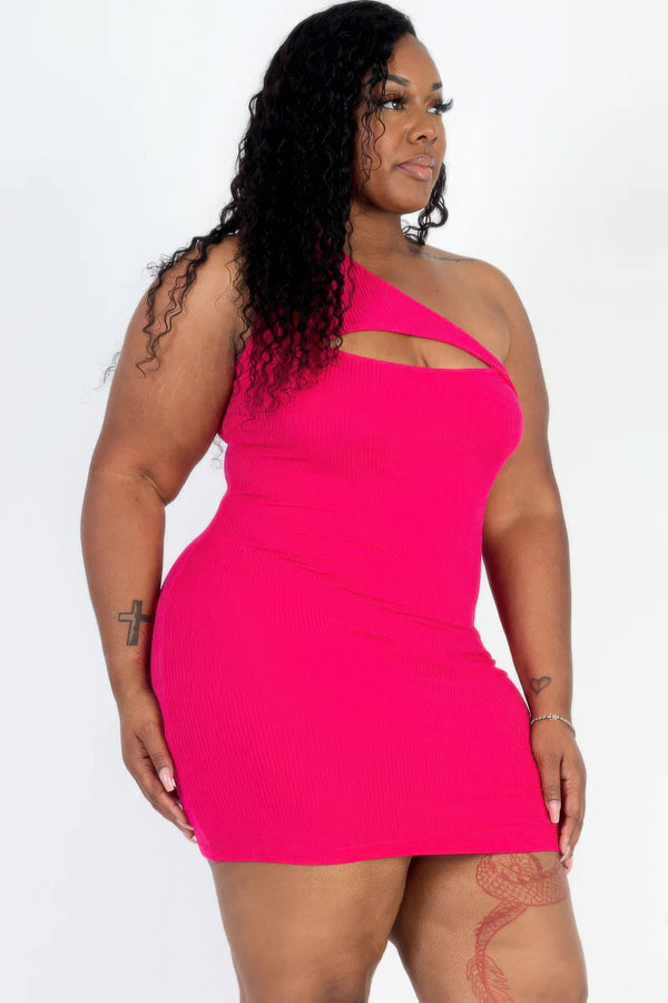 Plus Size Ribbed One Shoulder Cutout Front Casual Mini Bodycon Dress - Dress - SmartBuyApparel