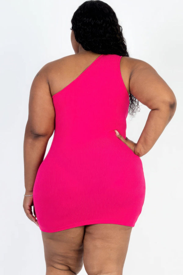 Plus Size Ribbed One Shoulder Cutout Front Casual Mini Bodycon Dress - Dress - SmartBuyApparel