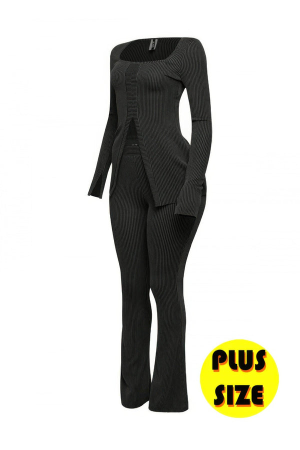 Plus Size Ribbed Pant Set With Slit Detail - | SmartBuyApparel