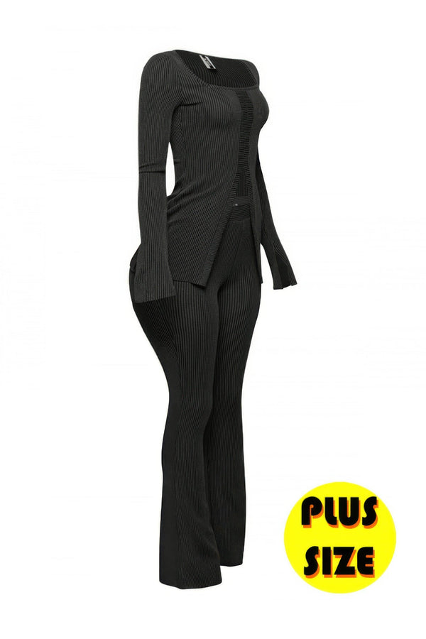 Plus Size Ribbed Pant Set With Slit Detail - | SmartBuyApparel