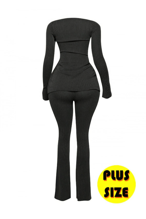 Plus Size Ribbed Pant Set With Slit Detail - | SmartBuyApparel